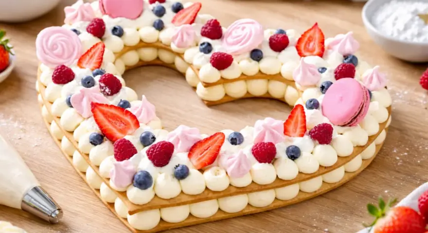 Un magnifique number cake licorne en forme de cœur, garni de fruits rouges, de macarons roses et de crème onctueuse.