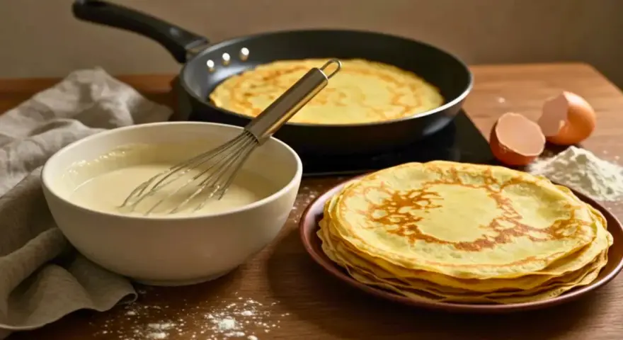 Préparation d'une recette de crêpes : pâte dans un bol, crêpes cuites dans une poêle et empilées, œufs et farine.