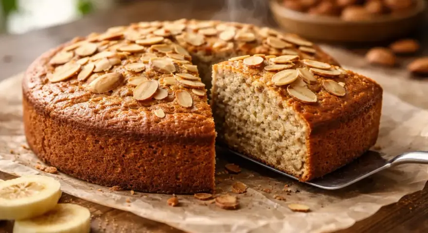 Un délicieux gâteau sans sucre, garni d'amandes effilées, avec une part servie sur une pelle.