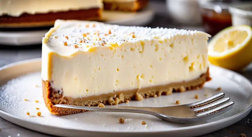 Tranche de cheesecake sans cuisson crémeux, garnie de miettes et de sucre glace, avec un quartier de citron à côté.