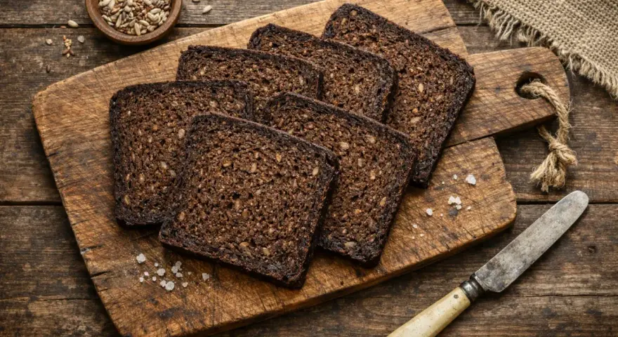 Tranches de pumpernickel sur une planche en bois, prêtes pour une délicieuse recette. Un bol de graines et un couteau complètent la scène rustique.