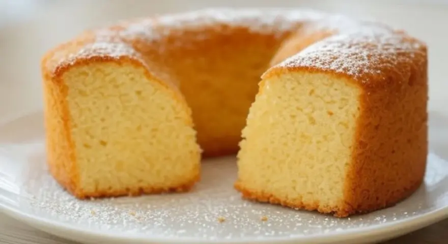 Gâteau moelleux en forme de couronne, saupoudré de sucre glace. Un délicieux dessert sans oeuf, parfait pour toutes les occasions.