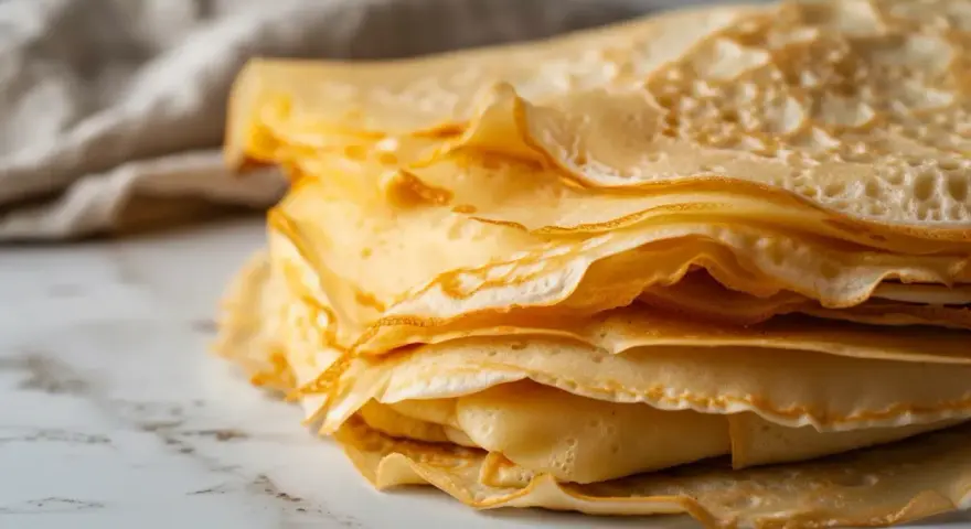 Pile de crêpes dorées et fines, parfaites pour un petit-déjeuner gourmand. Ces crêpes sans lait sont légères et délicieuses.