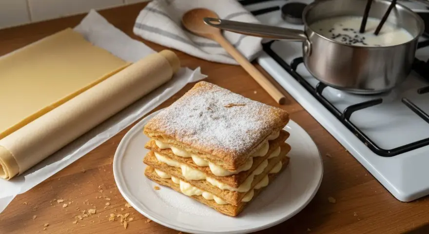 Un mille-feuille prêt à être dégusté, avec de la pâte feuilletée et de la crème pâtissière. On se demande si peut on faire un mille-feuille la veille pour un plaisir garanti.
