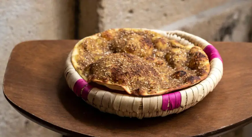 Manouche au zaatar, un délice croustillant aux épices, servi dans un panier tressé aux accents fuchsia.