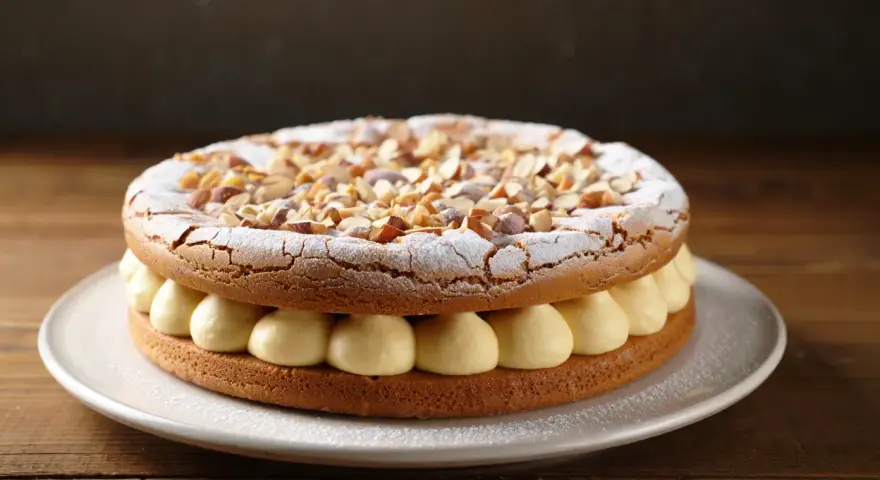 Dacquoise aux amandes et crème pâtissière. On peut faire une dacquoise la veille, elle sera parfaite pour ce gâteau !