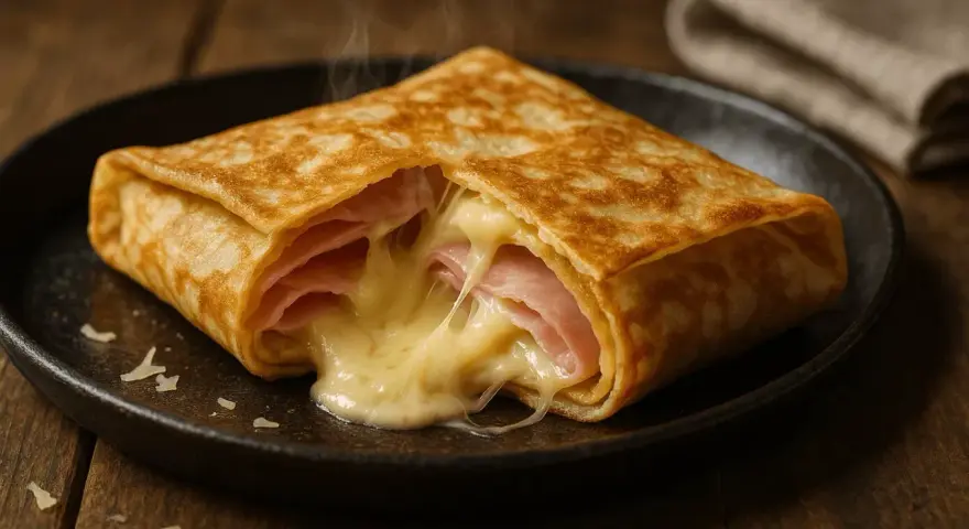 Crêpe garnie de jambon et de fromage fondant, dégageant une vapeur appétissante. Un délice simple et réconfortant.
