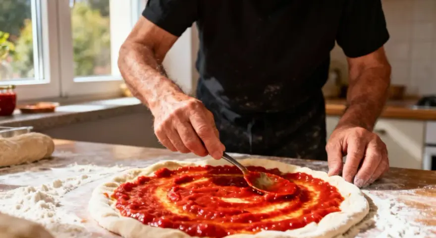 Un homme prépare une pizza, étalant un coulis de tomates sur la pâte avec une cuillère. La farine est saupoudrée sur la table.