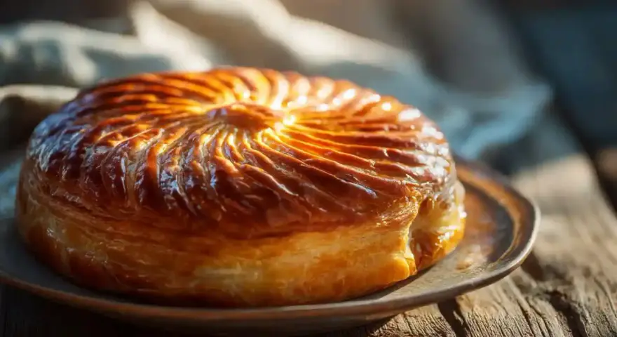 Un délicieux pithiviers gateau doré, aux feuilletages brillants, prêt à être dégusté sur une table en bois rustique.