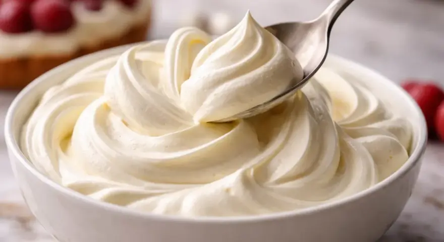 Une cuillère prélève une portion de chantilly mascarpone onctueuse dans un bol blanc. Des fruits rouges sont visibles en arrière-plan.