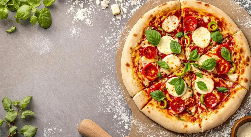 Une délicieuse pizza Margherita, fraîchement sortie du four, sur une planche à pizza. La pâte à pizza est dorée et garnie de tomates, mozzarella et basilic.