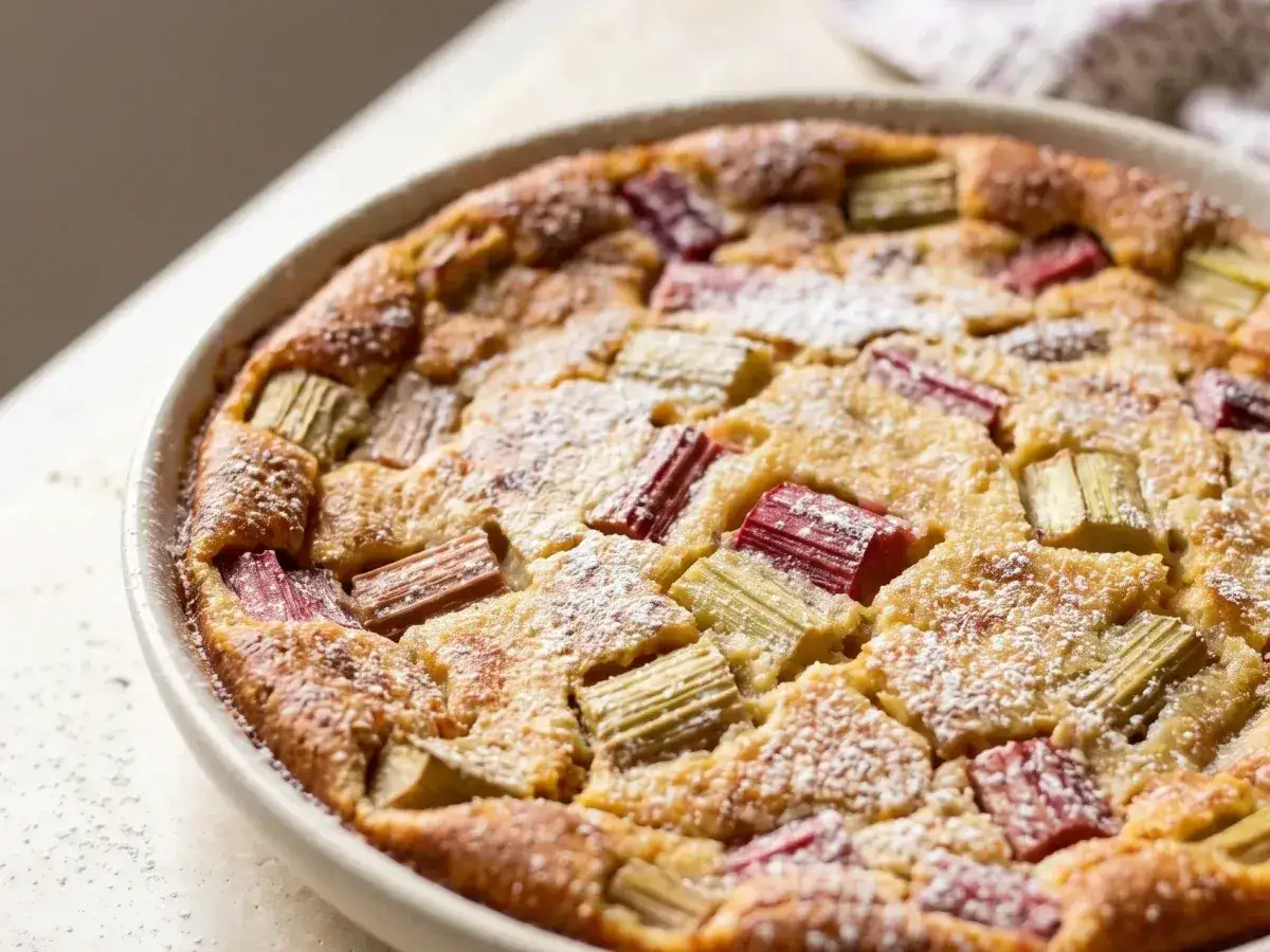 Un délicieux clafoutis rhubarbe, saupoudré de sucre glace, sort du four. Les morceaux de rhubarbe rouge et verte sont bien visibles.