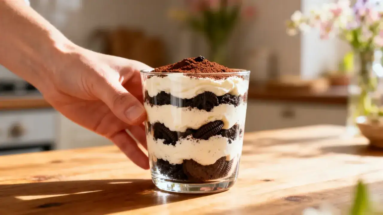 Un tiramisu gourmand en verrine, alternant biscuits sabl&eacute;s au cacao et cr&egrave;me onctueuse &agrave; la p&acirc;te &agrave; bombe, saupoudr&eacute; de cacao.