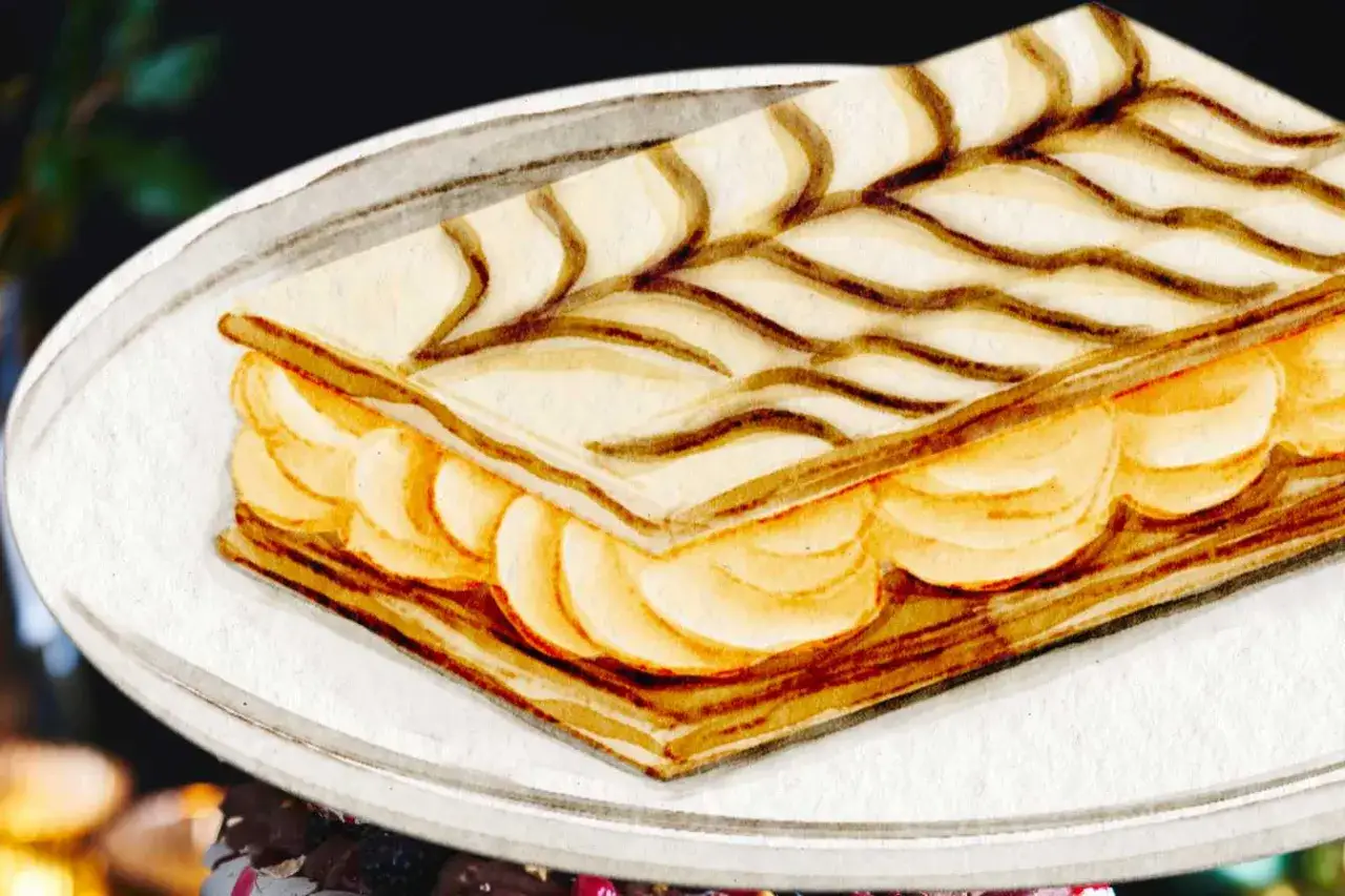 Un mille-feuille aux fruits sur une assiette blanche. Peut-on faire un mille-feuille la veille ? Oui, pour un plaisir garanti le lendemain !