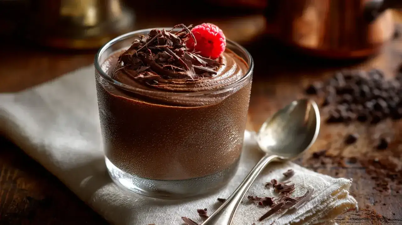 Un verre de mousse au chocolat onctueuse, garni de copeaux de chocolat et d'une framboise. Une cuillère argentée repose à côté.