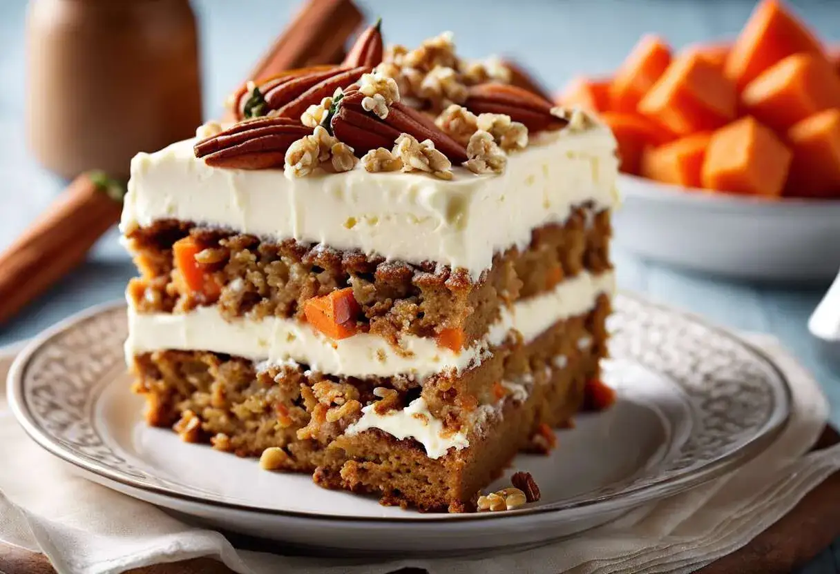 Tranche de carrot cake moelleux, garnie d'un gla&ccedil;age onctueux et de noix de p&eacute;can. Un d&eacute;lice !