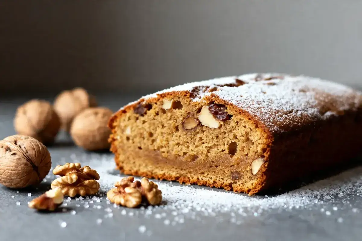 Un g&acirc;teau aux noix de grand-m&egrave;re moelleux, saupoudr&eacute; de sucre glace, avec des noix enti&egrave;res et d&eacute;cortiqu&eacute;es autour.