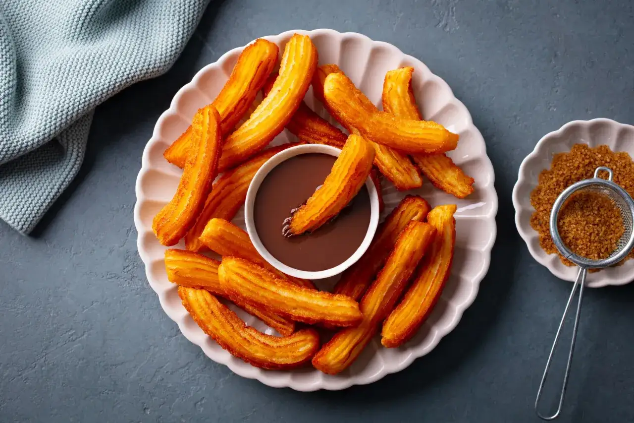 Une assiette de churros dor&eacute;s et croustillants, parfaits pour une recette facile. Un bol de chocolat chaud les accompagne.