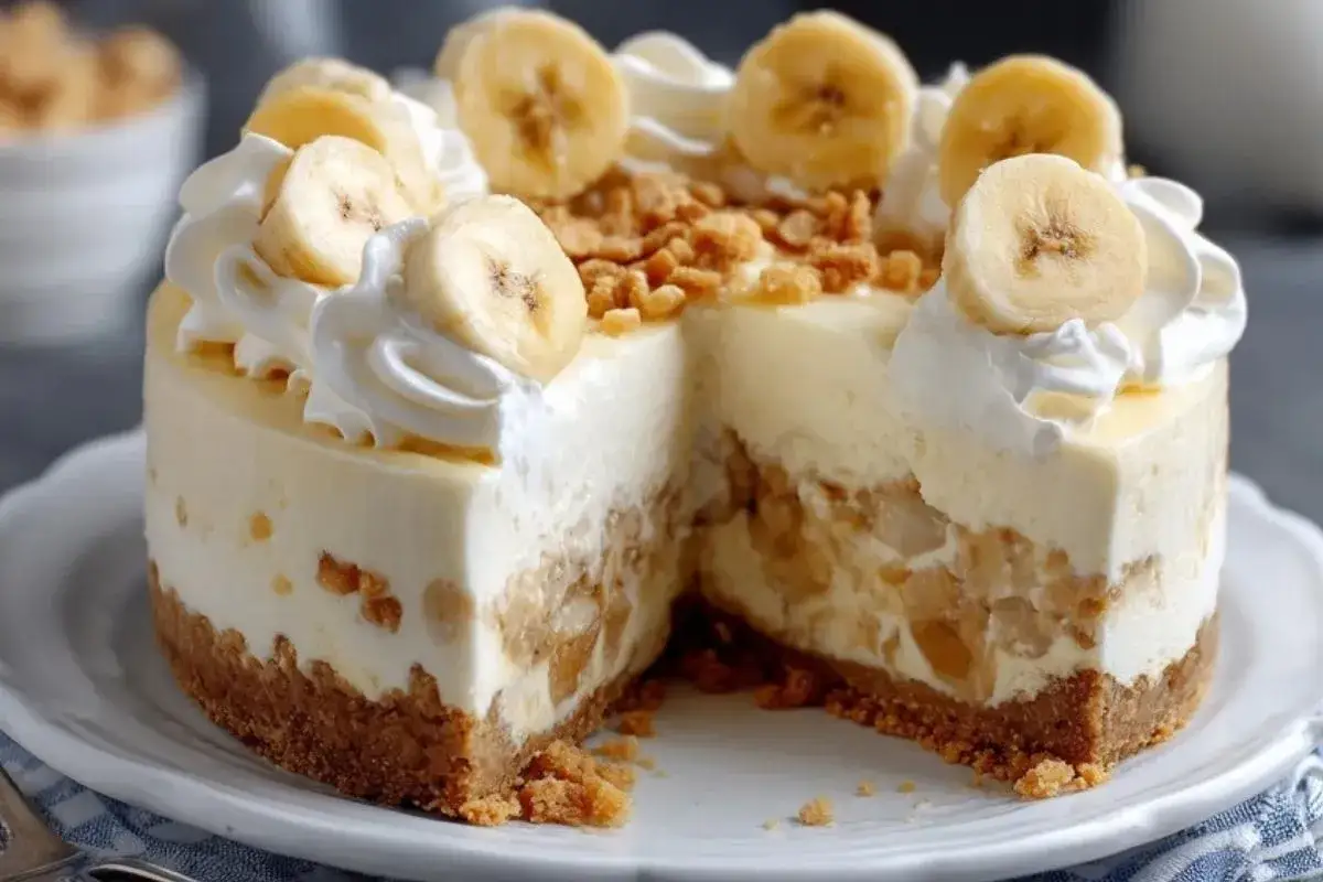 Cheesecake &agrave; la banane, une recette gourmande avec une cro&ucirc;te biscuit&eacute;e, une cr&egrave;me onctueuse et des morceaux de banane. D&eacute;cor&eacute; de chantilly et de rondelles de banane.