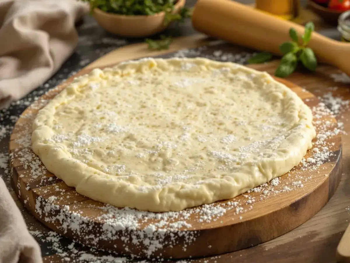 Une p&acirc;te lev&eacute;e pr&ecirc;te &agrave; &ecirc;tre garnie, saupoudr&eacute;e de farine sur une planche en bois. L'attente d'une d&eacute;licieuse pizza.