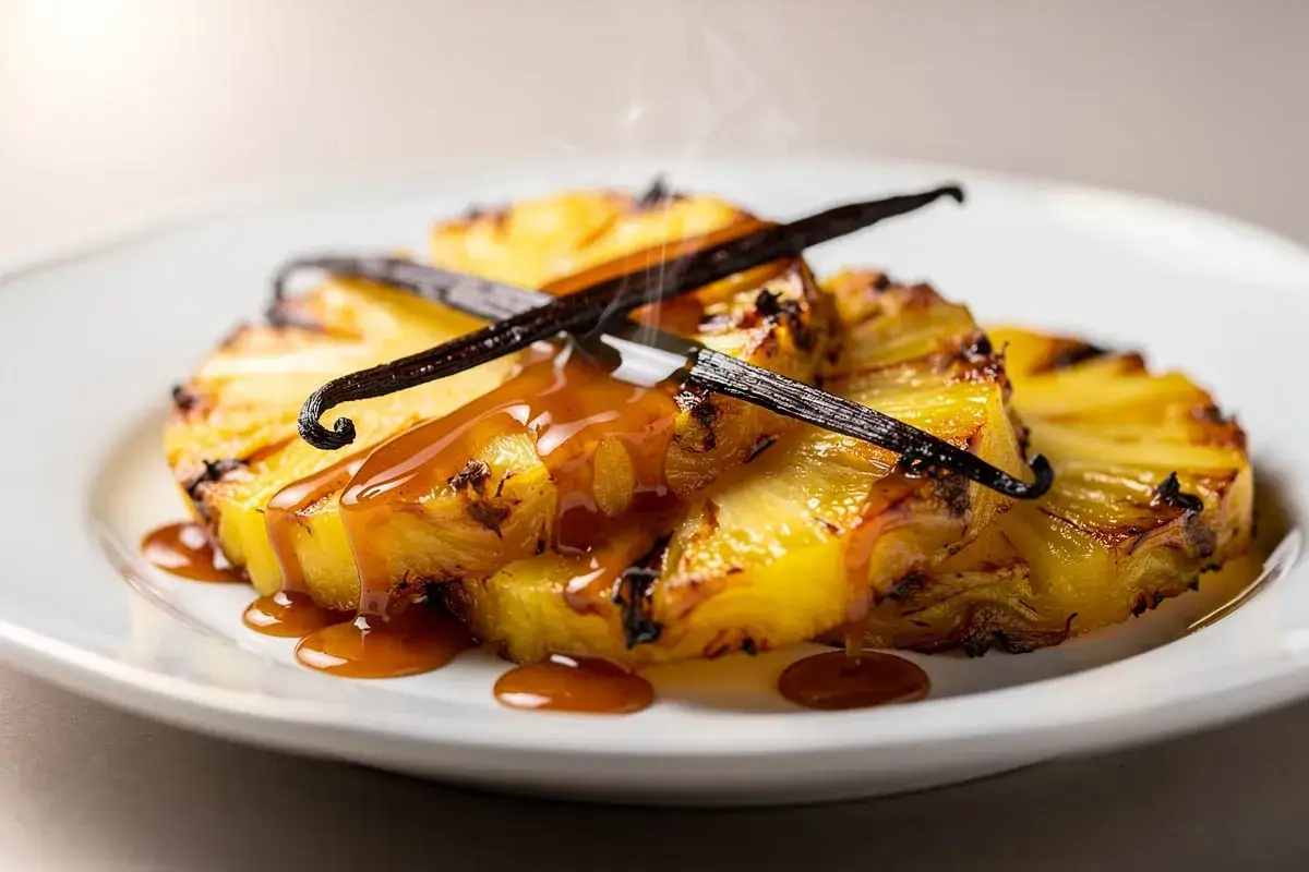 Tranches d'ananas r&ocirc;ti, napp&eacute;es de sauce caramel et garnies de gousses de vanille, d&eacute;gageant une l&eacute;g&egrave;re vapeur. Un d&eacute;lice sucr&eacute; et fruit&eacute;.
