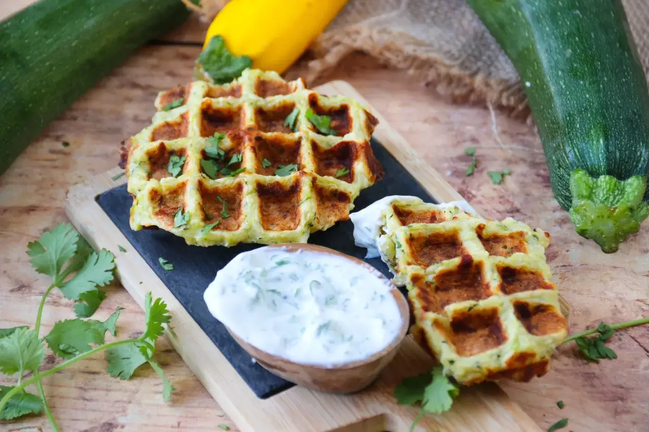 Gaufres de courgette dor&eacute;es, garnies de persil frais, servies avec une sauce cr&eacute;meuse. Un d&eacute;lice v&eacute;g&eacute;tal !