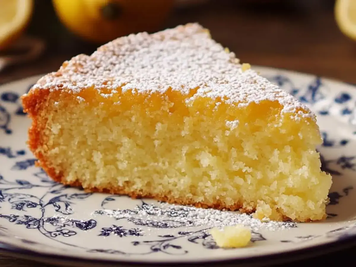 Tranche de g&acirc;teau au citron, saupoudr&eacute;e de sucre glace. Un d&eacute;lice a&eacute;rien, parfait avec une touche de mascarpone.
