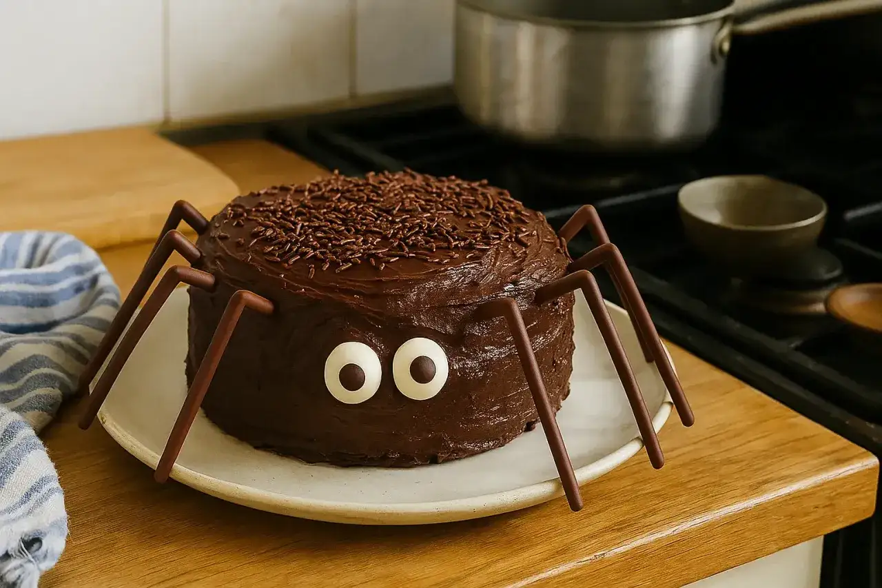 G&acirc;teau au chocolat en forme d'araign&eacute;e, un d&eacute;licieux dessert d'Halloween avec des vermicelles et des yeux en sucre.
