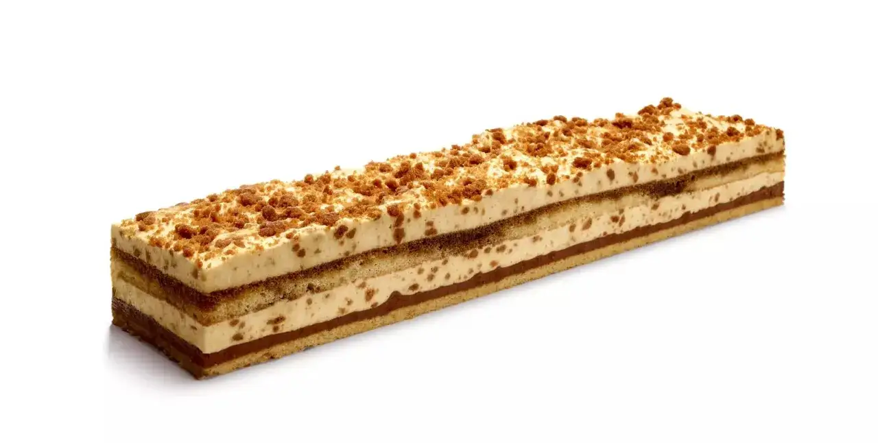 G&acirc;teau rectangulaire aux couches de cr&egrave;me et de chocolat, garni de miettes de speculoos croustillantes.