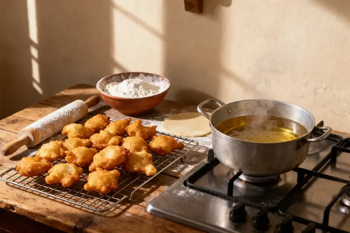 Des beignets dor&eacute;s refroidissent sur une grille. &Agrave; c&ocirc;t&eacute;, de la farine, un rouleau &agrave; p&acirc;tisserie et une casserole d'huile chaude. La p&acirc;te &agrave; beignets est pr&ecirc;te &agrave; &ecirc;tre frite.