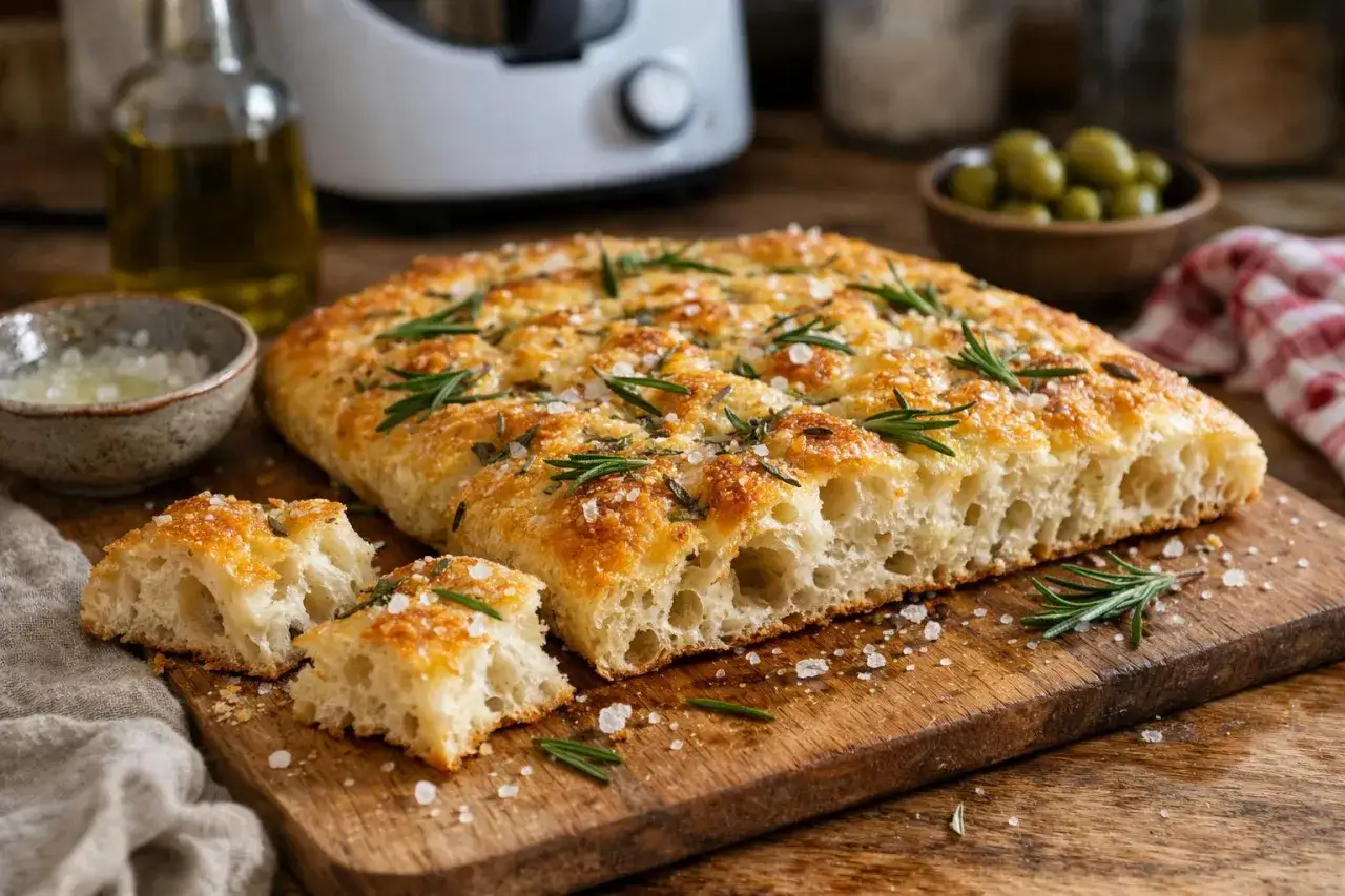 Une focaccia dor&eacute;e, garnie de romarin et de gros sel, pr&ecirc;te &agrave; &ecirc;tre d&eacute;gust&eacute;e. Une recette simple pour un plaisir garanti.