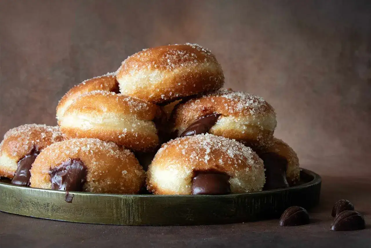 Pile de beignets gourmands fourr&eacute;s au chocolat, saupoudr&eacute;s de sucre. Une recette beignet qui fait saliver !