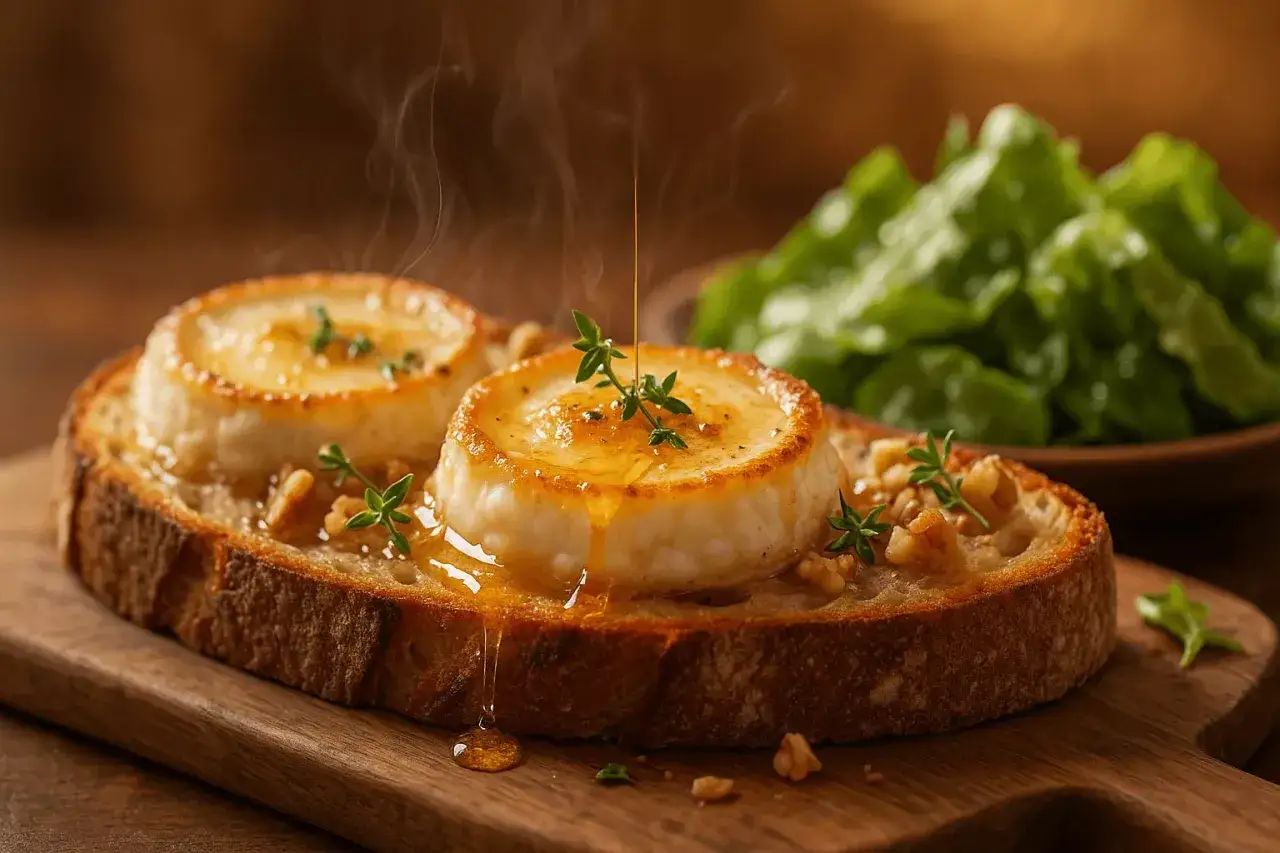 Tranche de pain grill&eacute; garnie de deux rondelles de fougasse ch&egrave;vre fondantes, arros&eacute;es de miel dor&eacute;, parsem&eacute;es de noix et de thym. Vapeur l&eacute;g&egrave;re s'&eacute;chappant.
