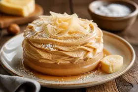 Gâteau crémeux avec chantilly chocolat blanc, garni de copeaux dorés et saupoudré de sucre glace. Un délice visuel et gustatif.