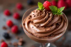 Une coupe de mousse au chocolat onctueuse, garnie de copeaux de chocolat, d'une framboise et de menthe. Parfait pour une recette mousse au chocolat onctueuse.