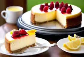 Une part de cheesecake crémeux, garnie de framboises et de coulis, parfaite pour une recette de cheesecake réussie.
