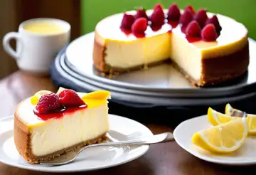 Une part de cheesecake crémeux, garnie de framboises et de coulis, parfaite pour une recette de cheesecake réussie.