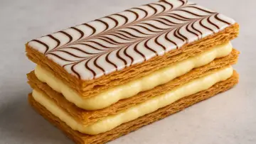 Une délicieuse feuille en pâtisserie, empilée avec de la crème pâtissière et décorée de glaçage blanc et chocolat.