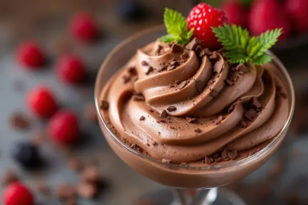 Une coupe de mousse au chocolat onctueuse, garnie de copeaux de chocolat, d'une framboise et de menthe. Parfait pour une recette mousse au chocolat onctueuse.