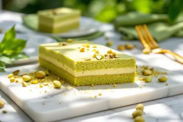 Un délicieux entremet pistache, aux couches aériennes et garni de pistaches concassées, prêt à être dégusté.