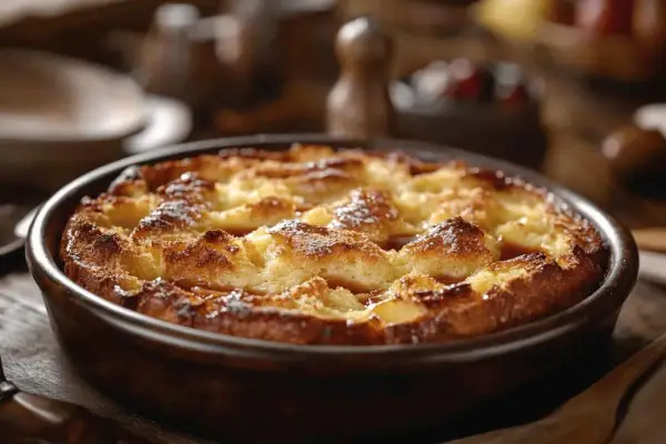 Un délicieux pain perdu doré et croustillant, saupoudré de sucre glace, dans un plat en terre cuite.