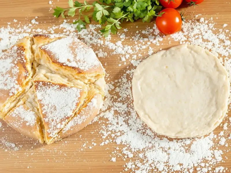 Une recette de pain maison : une miche dorée saupoudrée de farine à côté d'une pâte à pain crue, avec des tomates et du persil en arrière-plan.