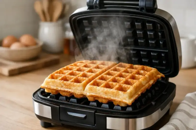 Deux gaufres dorées et croustillantes sortent d'une gaufrier, dégageant une vapeur appétissante. La recette gaufres croustillantes est un succès !