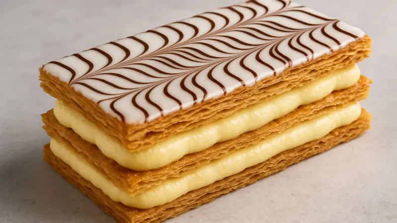 Une délicieuse feuille en pâtisserie, empilée avec de la crème pâtissière et décorée de glaçage blanc et chocolat.