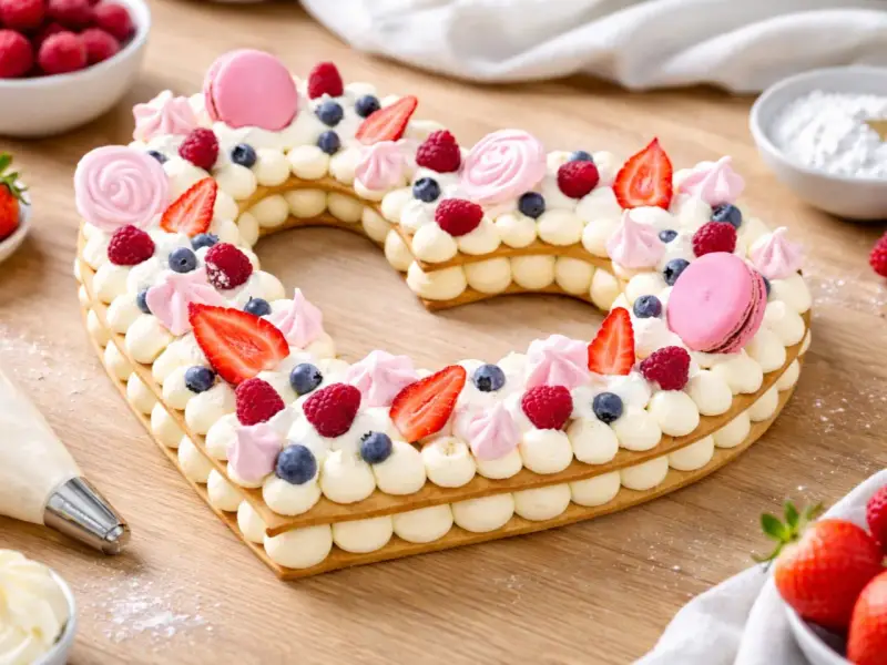 Un magnifique number cake licorne en forme de cœur, garni de fruits rouges, de macarons roses et de crème onctueuse.