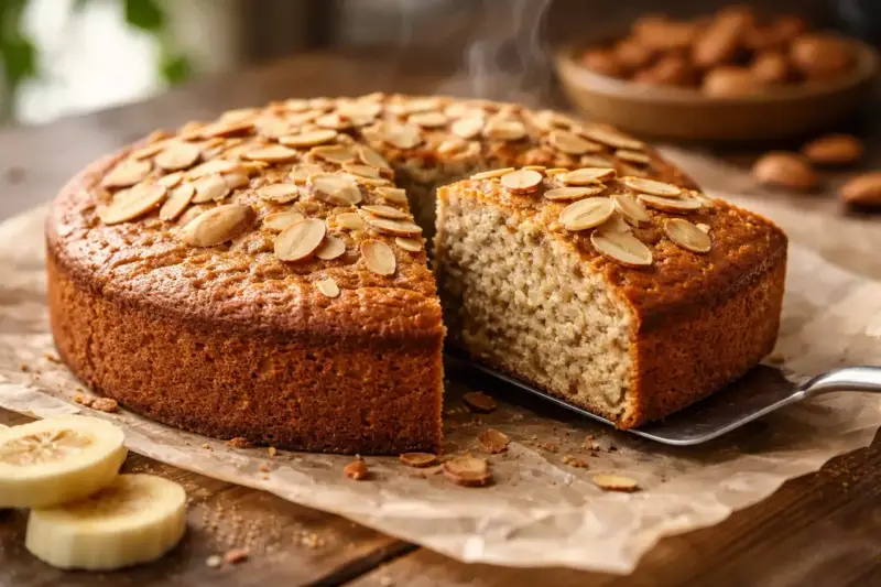 Un délicieux gâteau sans sucre, garni d'amandes effilées, avec une part servie sur une pelle.