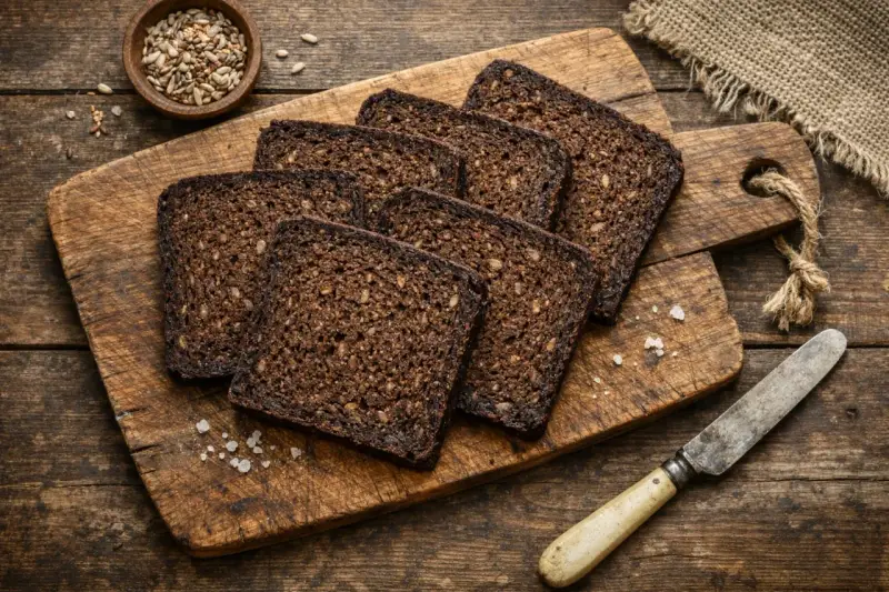 Tranches de pumpernickel sur une planche en bois, prêtes pour une délicieuse recette. Un bol de graines et un couteau complètent la scène rustique.