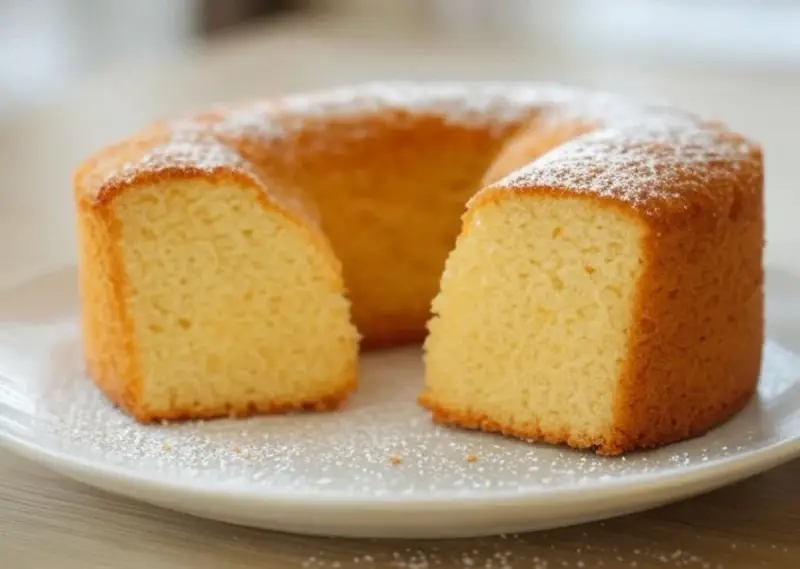 Gâteau moelleux en forme de couronne, saupoudré de sucre glace. Un délicieux dessert sans oeuf, parfait pour toutes les occasions.