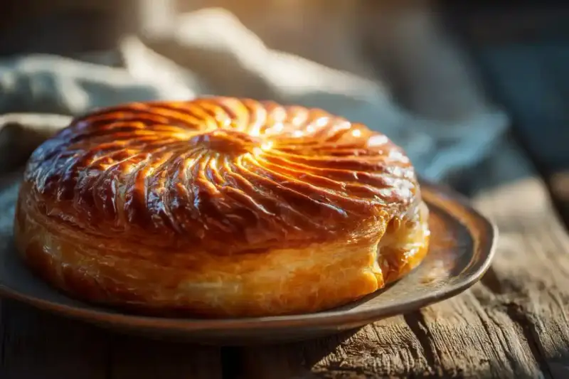 Un délicieux pithiviers gateau doré, aux feuilletages brillants, prêt à être dégusté sur une table en bois rustique.