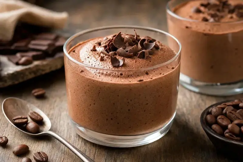 Délicieuse mousse au chocolat aérienne, garnie de copeaux de chocolat. Des grains de café et du chocolat noir sont disposés autour.